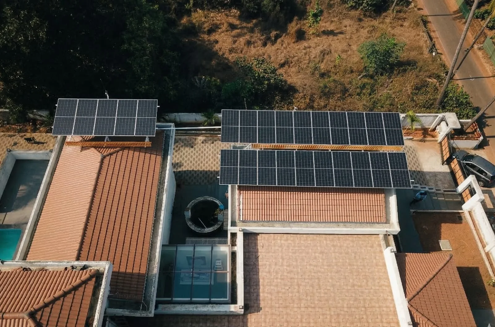 Two solar arrays across a multi-roof home